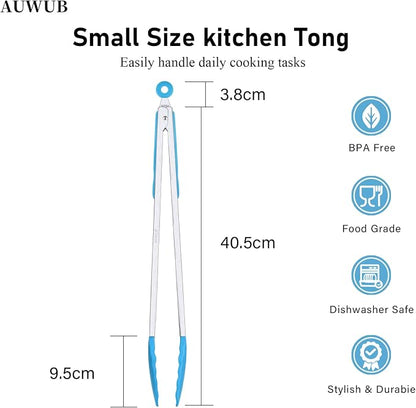 Salad Tongs, 16 Inch Silicone Food Tongs with 304 Stainless Steel Core & Non-Slip Grip in Blue Color