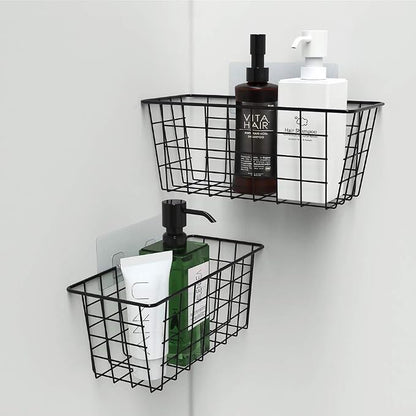 MaraFansie Hanging Kitchen Baskets Wire Storage Basket Over the Cabinet Door Organizer, No Drilling Adhesive Basket for Cabinet Pantry Organization and Kitchen, Bathroom, Storage, 2 Pack, Black