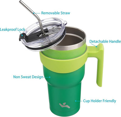 Konokyo 40 oz Tumbler with Handle and 2 Straw 2 Lid, Insulated Water Bottle Stainless Steel Vacuum Cup Reusable Travel Mug,Matcha Green
