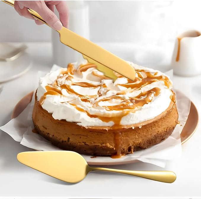 Stainless Steel Cake Knife and Server Set – 2-Piece Wedding Cake Cutting Set with Gift Box – Elegant Pie and Pizza Serving Utensils for Parties, Birthdays, Anniversaries (Gold)