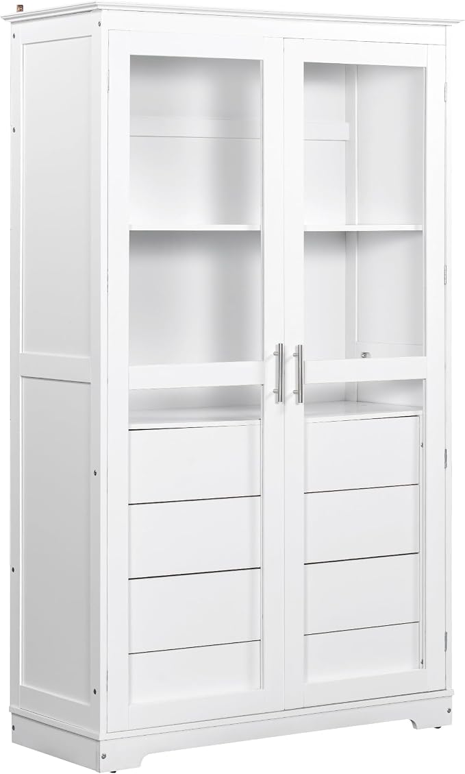VilroCaz 75'' Tall Kitchen Pantry, Wood Freestanding Kitchen Storage Cabinet Display Cabinet with Glass Doors and 4 Built-in Drawers for Living Room Home Office (White-6.21)