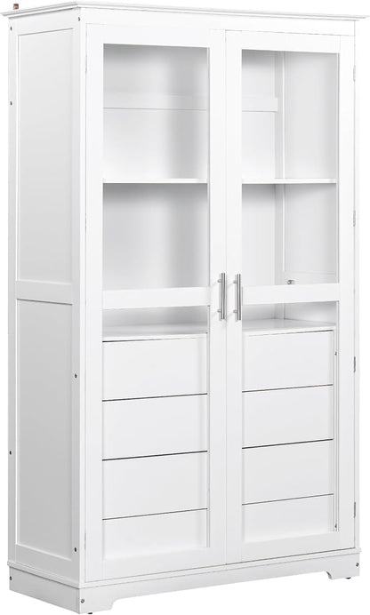 VilroCaz 75'' Tall Kitchen Pantry, Wood Freestanding Kitchen Storage Cabinet Display Cabinet with Glass Doors and 4 Built-in Drawers for Living Room Home Office (White-6.21)