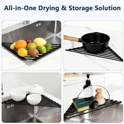 Credon Triangle Roll Up Dish Drying Rack, Foldable Anti-Slip Kitchen Sink Drainer Organizer, Silicone Coated Stainless Steel Frame, Multipurpose Over Sink Corner Caddy for Space Saving (Black)