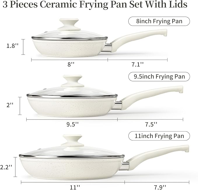 Ceramic Frying Pan Set with Lid - Non Stick Frying Pan with Lids, White Frying Pans Nonstick With Lid, Induction Skillet Set Egg Omelet Skillet Pan W/Lid, Healthy No Toxic Cookware Set, PFOA&PFAS Free