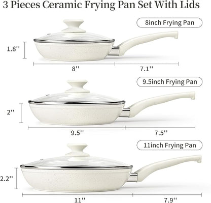 Ceramic Frying Pan Set with Lid - Non Stick Frying Pan with Lids, White Frying Pans Nonstick With Lid, Induction Skillet Set Egg Omelet Skillet Pan W/Lid, Healthy No Toxic Cookware Set, PFOA&PFAS Free