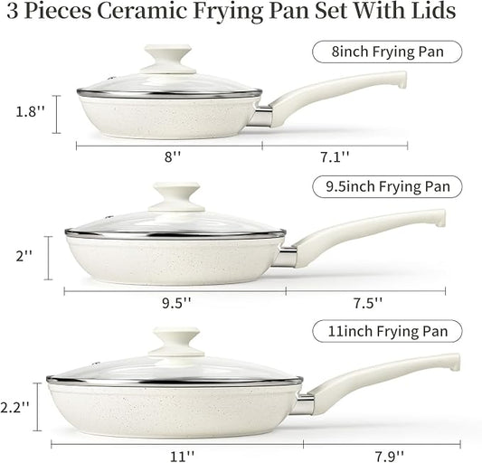 Ceramic Frying Pan Set with Lid - Non Stick Frying Pan with Lids, White Frying Pans Nonstick With Lid, Induction Skillet Set Egg Omelet Skillet Pan W/Lid, Healthy No Toxic Cookware Set, PFOA&PFAS Free