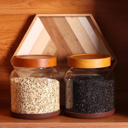 SAIOOL 2-Pack Striped Borosilicate Glass Airtight Canisters - Big mouth Large Capacity, Acacia Wood Lid, Food Storage Jars for Flour, Pasta, Pantry Organization (1/2 Gallon （Strew 2 pack）)