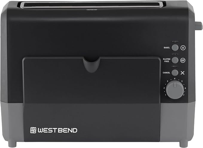 West Bend QuikServe Toaster, 2-Slice Wide-Slot Slide-Through Bread Toaster with Bagel and Gluten-Free Settings and Cool-Touch Exterior Fast Toasting, Includes Removable Serving Tray, 1400-Watts, Black