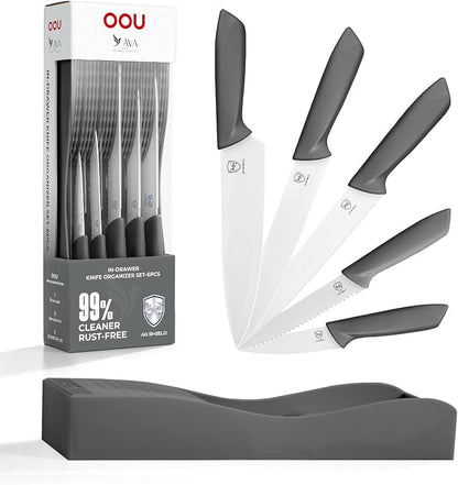 OOU In-Drawer Kitchen Knife Set, Space-Saving Cutlery and Kitchen Organizer, Includes Chef, Bread, Santoku, Utility and Paring Knives, 6-Piece Knives Sets, Gray