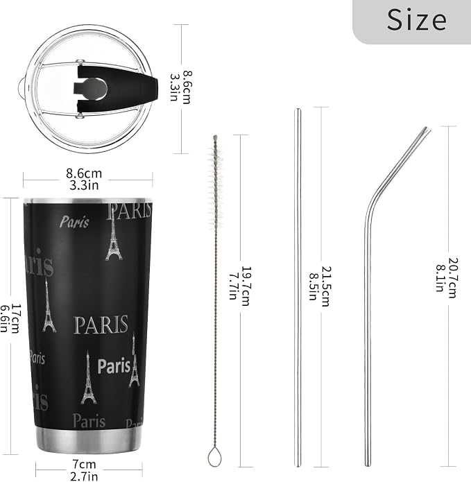 Tumbler Paris Eiffel Tower Cute Insulated Coffee Cup Beverage Container Travel Mug with Straw and Lid Double Wall Stainless Steel 20oz Holiday Gift