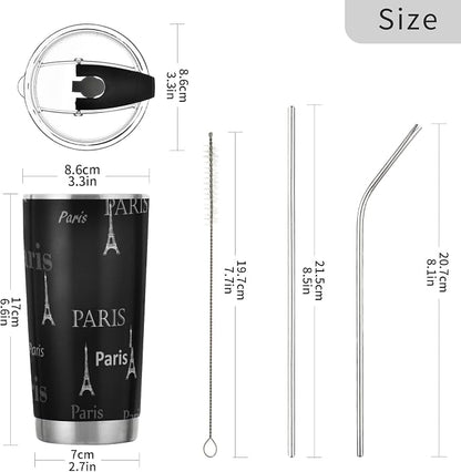 Tumbler Paris Eiffel Tower Cute Insulated Coffee Cup Beverage Container Travel Mug with Straw and Lid Double Wall Stainless Steel 20oz Holiday Gift