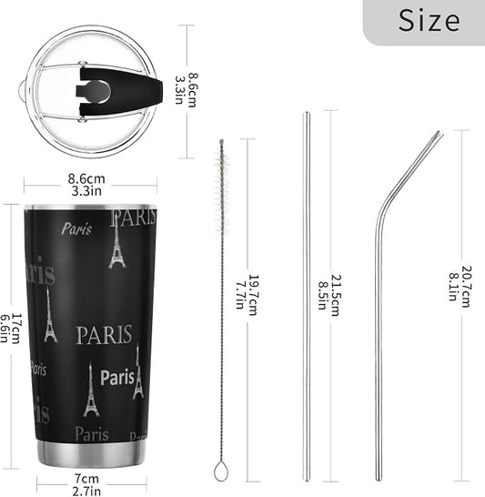 Tumbler Paris Eiffel Tower Cute Insulated Coffee Cup Beverage Container Travel Mug with Straw and Lid Double Wall Stainless Steel 20oz Holiday Gift
