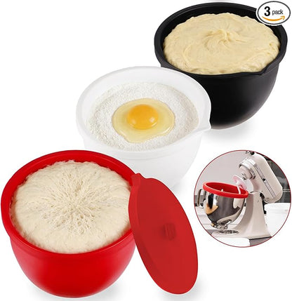 Set of 3 Silicone Bowl Liners with Lids for KitchenAid 5 Qt Tilt-Head Stand Mixer, Red Black White, Fermentation Container for Bread Baking & Sourdough, Replacement Mixer Accessories