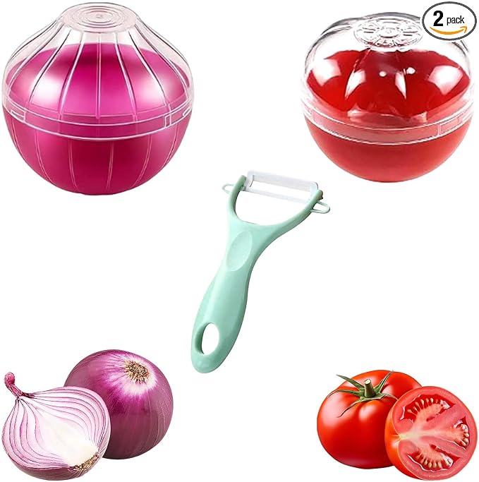 2PCS Tomato and Onion Storage Containers with Peeler, Freshness Keepers for Onion and Tomato, Ideal for Fridge Vegetable Crisper, Keeps Food Fresh Longer