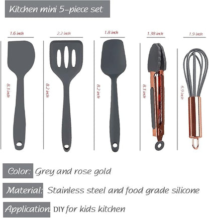 Collfa Rose Gold And Grey Mini Kitchen Utensil Small Five-Piece Set Tiny Silicone Kids Kitchen Tools Whisk Spatula Tongs Spoon And Slotted Spatula For Cooking(Kids Baking Supplies) Grey