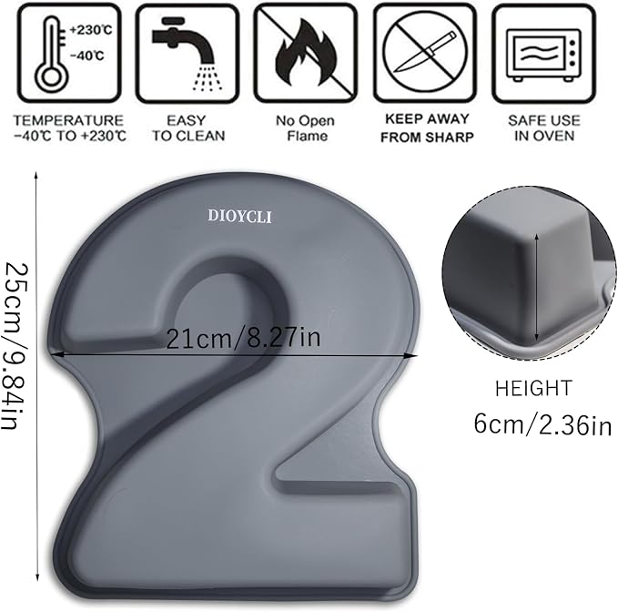 Dioycli Number Cake Molds for Baking 3D Silicone Cake Molds DIY Personalized Cake Pan for Birthday Wedding and Anniversary Number 2 Cake Pan of 10 Inch