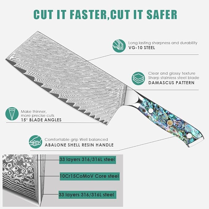 KEENZO Meat Cleaver Knife 7 inch, Razor Sharp Professional Chef Knife, Hand Forged Kitchen Knives, Japanese 67-Layers Damascus Steel Cooking Knife, Ergonomic Abalone Shell Resin Handle,Gift Box