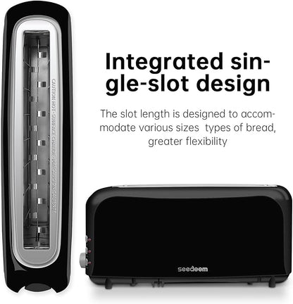 SEEDEEM 2 Slice Slim Toaster, Single 10" Long Slot Toaster Fits Bagels & Artisan Bread, 6 Shade Settings, Cancel/Reheat/Defrost, Removable Crumb Tray, Auto Shut-Off, Black
