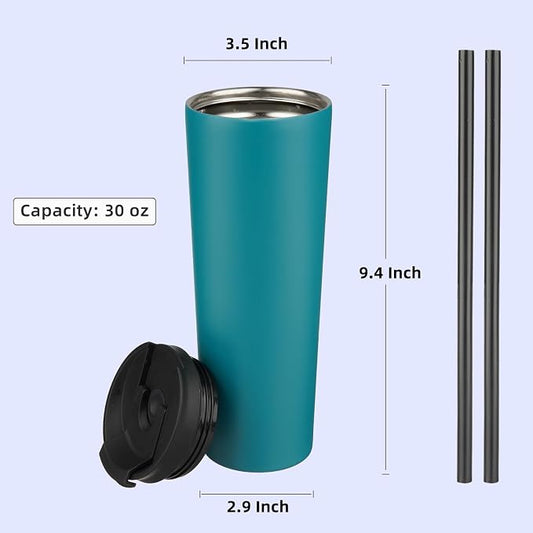 Konokyo 30 OZ Insulated Tumbler with Lid and 2 Straws Stainless Steel Water Bottle Vacuum Travel Mug Coffee Cup,Blue