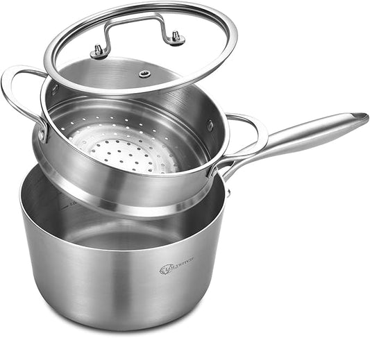 LOLYKITCH 3 Quart Stainless Steel Saucepan with Steamer & Glass Lid, Tri-Ply Whole-Clad Steaming Pot for Cooking, Induction Steamer Sauce Pot for Tamales Seafood Vegetables Dumplings, Thick