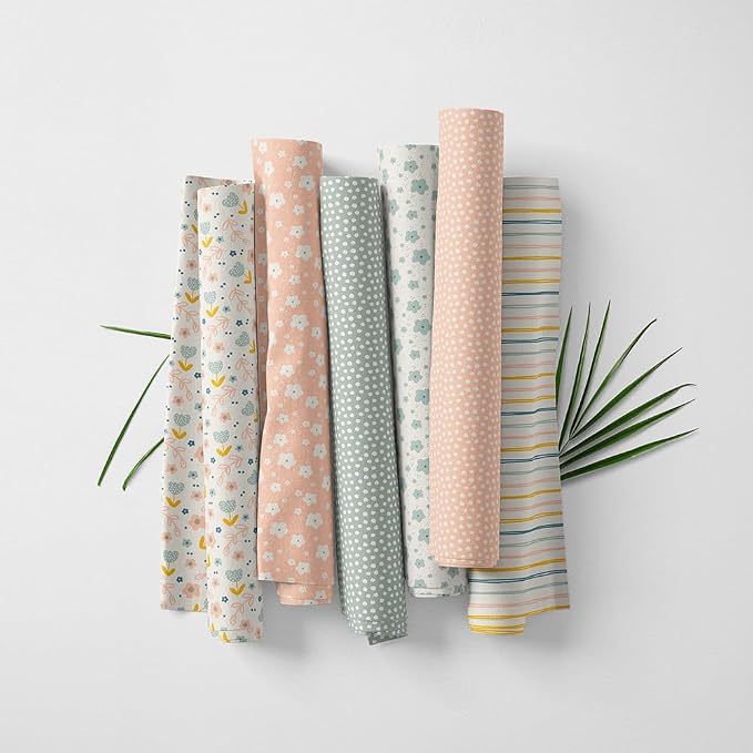 Patchwork Fabric Panel 100x155 cm, 100% Cotton Satin, 6 Coordinated Pastel Floral & Dot Patterns, Soft Peach Green Quilting & Sewing Fabric (Soft Pastels, 6pcs 50x50cm)