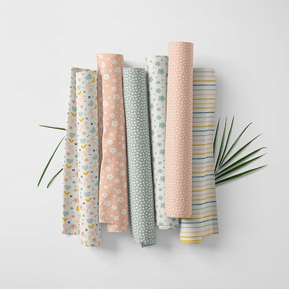 Patchwork Fabric Panel 100x155 cm, 100% Cotton Satin, 6 Coordinated Pastel Floral & Dot Patterns, Soft Peach Green Quilting & Sewing Fabric (Soft Pastels, 6pcs 50x50cm)