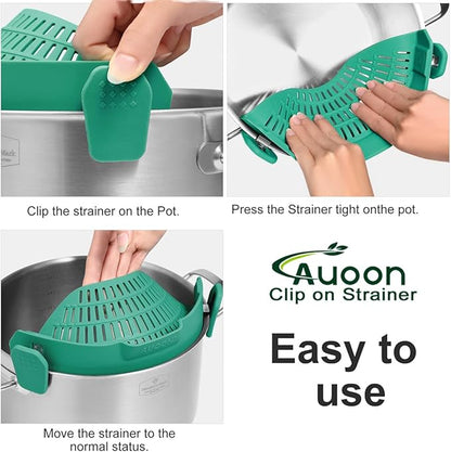 AUOON Oversized Pot Strainer Clip on Silicone - Family-Style Design Pasta Strainer Heat Resistant Kitchen Colander for Spaghetti and Noodles | Dishwasher Safe