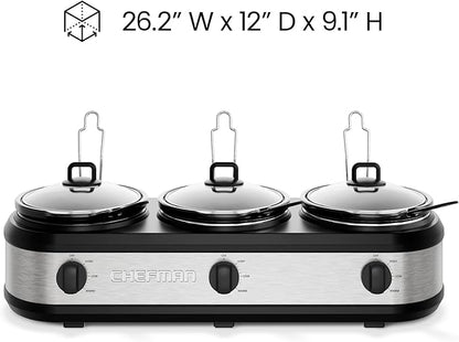Chefman Triple Slow Cooker & Food Warmer, Three Crock Slowcooker with 2.5 Qt. Ceramic Crocks, 7.5-Quart Total Capacity, PFAS-Free, Three Temperature Settings, Dishwasher-Safe Parts – Stainless Steel