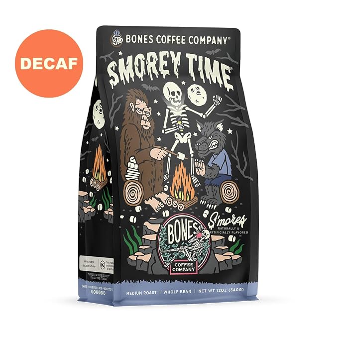 Bones Coffee Company Decaf S'morey Time, S'mores and Graham Crackers Decaffeinated Flavored Coffee, Medium Roast Low Acid Arabica Beans For Auto drip and French Press Coffee Maker, 12 Oz Whole Bean