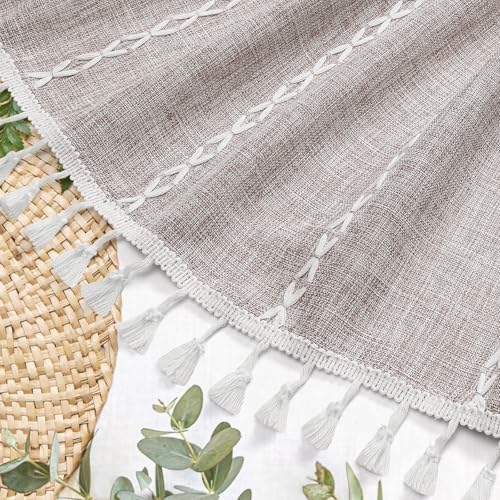 Boho Farmhouse Tassel Linen Shower Curtain,3D Embroidery Stripe Grey,72x78
