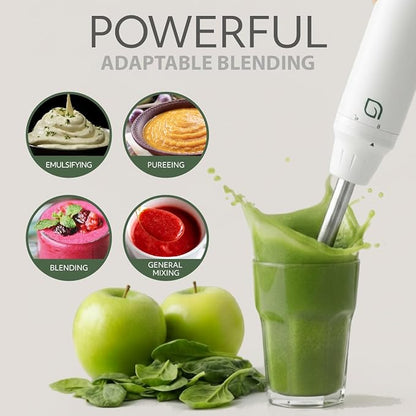 WILLOW Eco Series 5 Speed Immersion Blender Handheld, Powerful yet Quiet 500 Watt Electric Stick Blender with Turbo Mode & Removable Base, Hand Blender for Soup, Smoothie, 304 Stainless Steel - WHITE