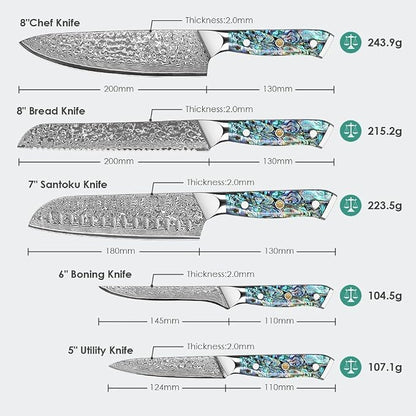 KEENZO Damascus Chef Knife Set 5 pcs, Professional Kitchen Knives Set, Chef's Knife, Santoku,Bread, Paring, Fillet, Utility,Sharp Blade Cooking Knife set, Ergonomic Abalone Shell handle with Gift Box