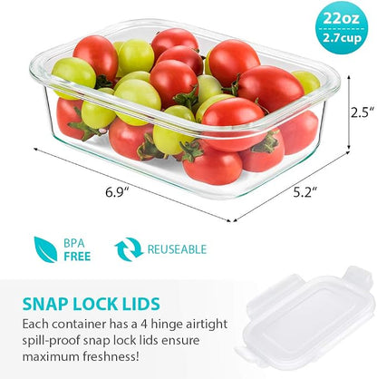 Bayco 6 Pack Glass Meal Prep Containers, Glass Food Storage Containers with Lids, Airtight Lunch Bento Boxes, Leak Proof (6 lids & 6 Containers)