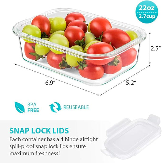 Bayco 6 Pack Glass Meal Prep Containers, Glass Food Storage Containers with Lids, Airtight Lunch Bento Boxes, Leak Proof (6 lids & 6 Containers)