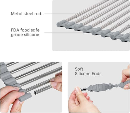 Large Expandable Roll Up Dish Drying Rack, Heat-Resistant Dish Drainer for Stainless Steel Sinks, Over The Sink Non-Slip Silicone Rollable Dish Drainer Roll Rack 18 Tube Gray 21.25''x12.79''