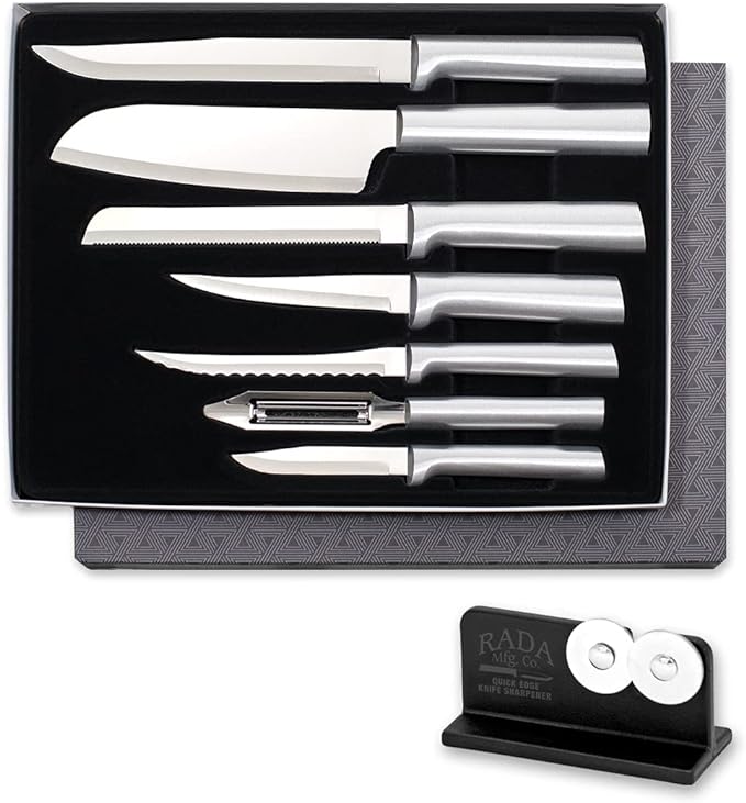 Rada Cutlery The Starter Gift Set (S38), 7-piece Knife Set with Quick Edge Sharpener (R119), Stainless Steel Blades, Silver Handle