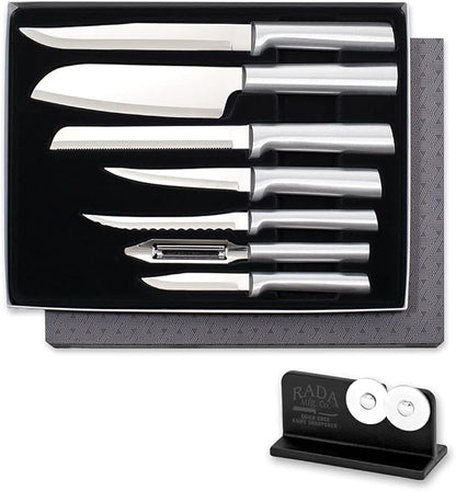 Rada Cutlery The Starter Gift Set (S38), 7-piece Knife Set with Quick Edge Sharpener (R119), Stainless Steel Blades, Silver Handle