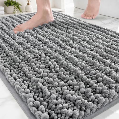 Disolla Grey Bathroom Rug 20x32 Inch - Luxury Chenille Bath Mat, Thick Shaggy Plush Absorbent Rug, Non-Slip Machine Washable Mats for Bathroom Floor & Decor