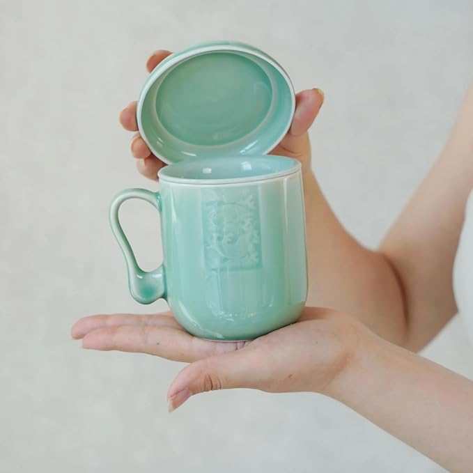 Tea Infuser Mug with Lid, 12oz Handcrafted Celadon Loose Leaf Cup — Ceramic Strainer Brewing Mug, Sage Green Japandi Drinkware, Gift for Tea Lovers