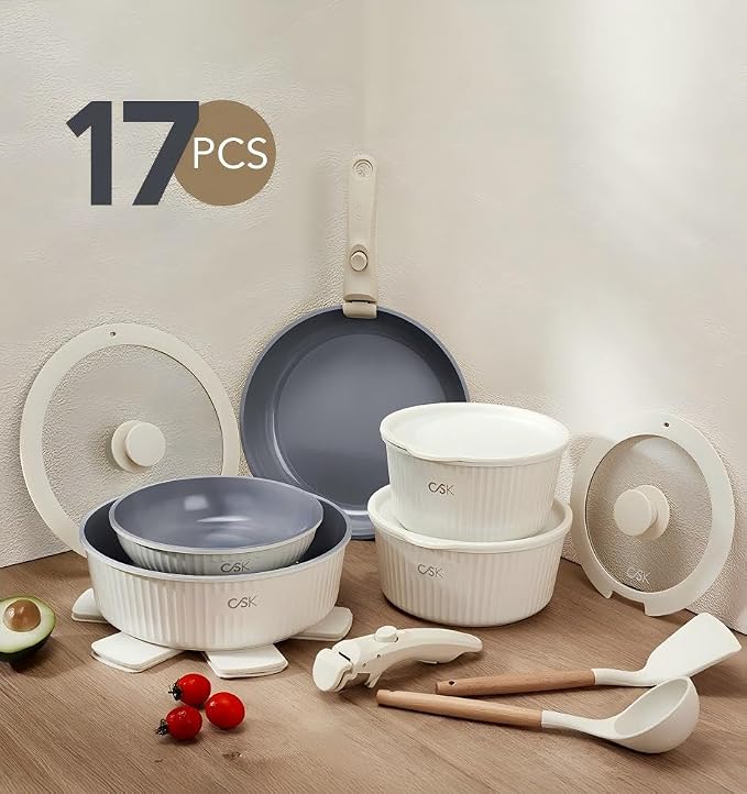 KOCH SYSTEME CS 17pcs Pots and Pans Set Non Stick, Nonstick Ceramic Cookware Set Detachable Handle, Induction Kitchen Pot and Pan Set, Non Stick with Removable Handle, RV Cookware Set, Cream White