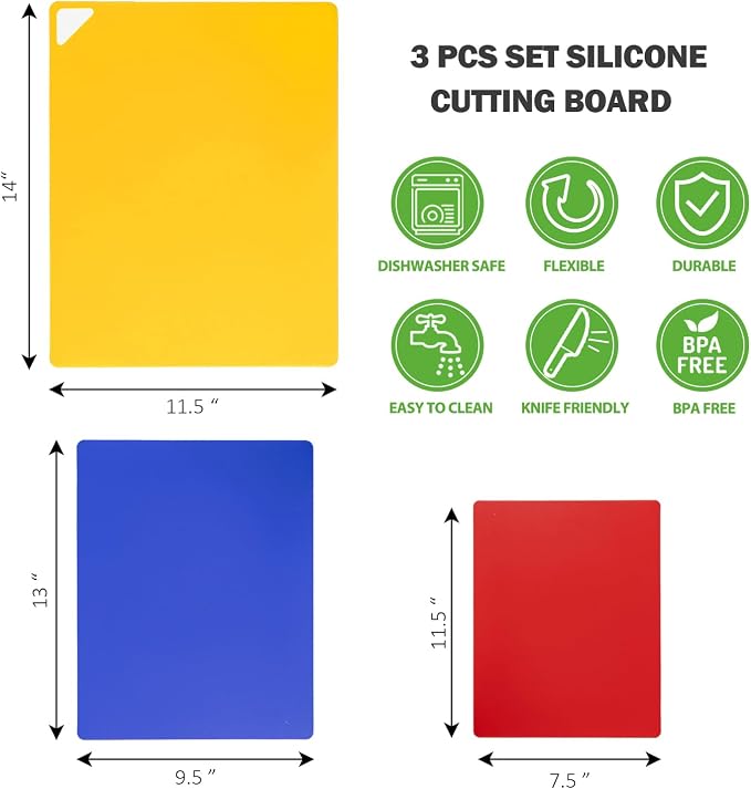 WK Flexible Plastic Cutting Boards for Kitchen Set of 3, Non slip Cutting Mats, Colorful Thin Cutting Sheets for Meat, BPA Free, Dishwasher Safe
