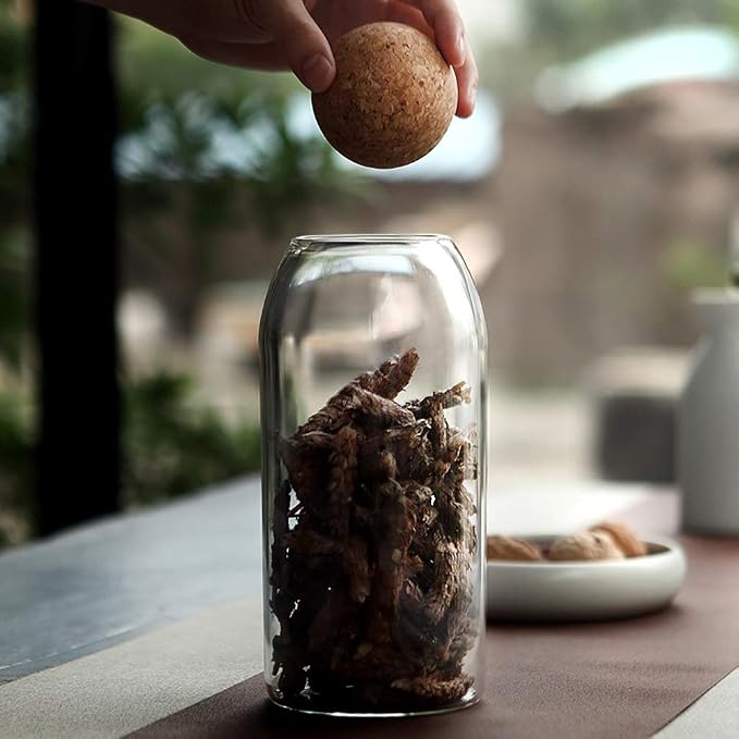 500ML/16Oz Clear Glass Storage Cute Canister Holder Ball Wood Cork Top, Modern Decorative Cylinder Container Jar with Round Lid for Coffee, Spice, Candy, Salt, Cookie Cool Terrarium Bottle