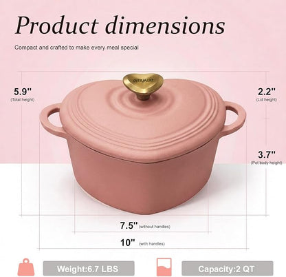 Overmont Heart-Shaped Enameled Cast Iron Dutch Oven, 2QT Pink Mini Pot with Lid for Cozy Meals, Soups & Small Batch Baking, Cute Kitchen Cookware Gift for Wedding, Housewarming & Birthday