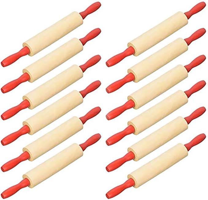Mini Wood Rolling 7.5 Inch 12-Pack Rolling Pin for Play Dough For Little Bakers, With Red Handles Arts and Crafts Clay Roller, 7.5" (Pack of 12)