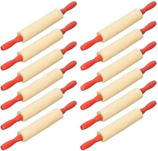 Mini Wood Rolling 7.5 Inch 12-Pack Rolling Pin for Play Dough For Little Bakers, With Red Handles Arts and Crafts Clay Roller, 7.5" (Pack of 12)