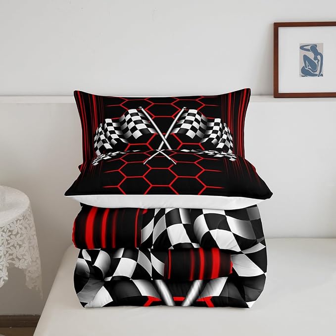 Manfei Extreme Sports Theme Comforter Set with 2 Pillowcases,Checkered Flag Super Soft Microfiber Bedding Set for Adults Teens,Red Honeycomb Geometric Duvet Set for Room Decor,King