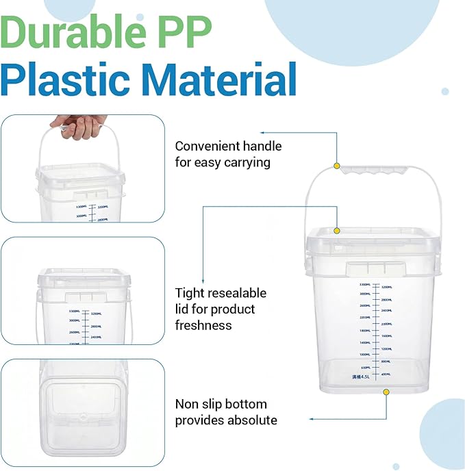 METAPACK 2 Pack 1 Gallon Food Grade Square Bucket with Easy-Open Lids, Food Storage Container & Handle, BPA-Free Plastic Clear Pantry Storage for Cereal, Rice, Flour, Kitchen Organization