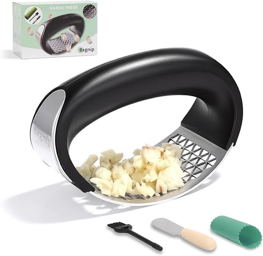 Garlic Press Rocker, Stainless Steel Garlic Mincer with Triangular Holes Effortless Squeeze for Weak Hands, Easy to Clean, Medium Garlic Crusher for Home Kitchen