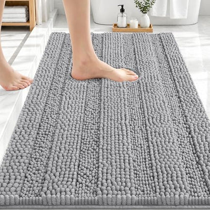 OLANLY Thick Bathroom Rugs 30x20, Chenille Striped Bath Rugs, Light Grey