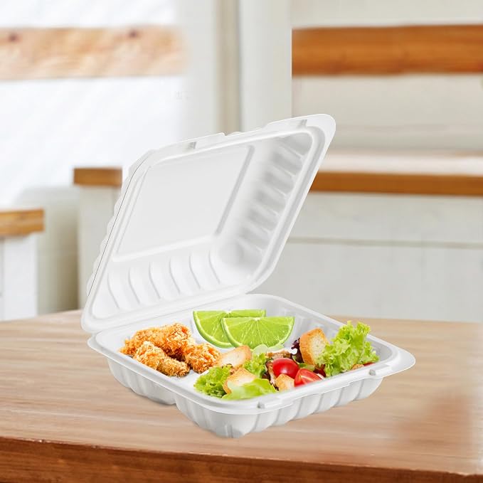 7.8" 30oz 3 Compartment Food Containers - Shrink Wrap Ready to Use | 65 Pack Mineral Filled PP Clamshell | BPA Free Freezer Microwave Safe | Reusable White Lunch Box for Leftovers, Take Out